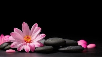 Beautiful Pink Flower with basalt stone on the black background AI Generative