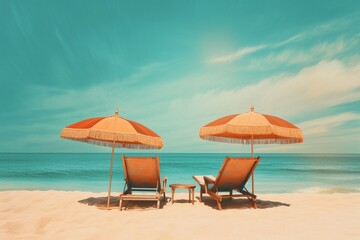 Beach chairs and umbrella on the beach AI Generative