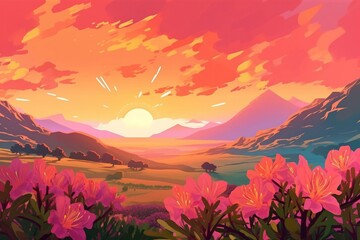 Fototapeta na wymiar Digital art sunset view over the mountain AI Generative