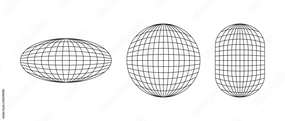 Poster Wireframe shapes. Sphere, ellipse. Globe grid frame elements set. Geometric round net. Outline graphic design collection. Vector