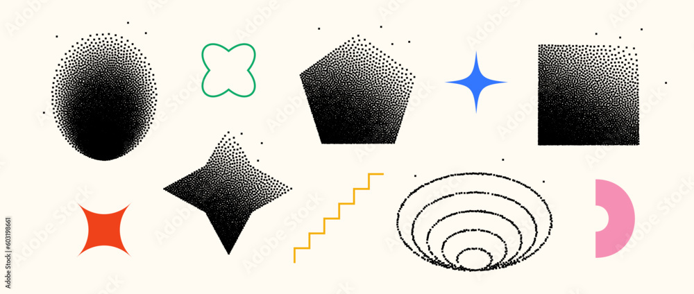 Poster set of dissolving shapes. fading square, pentagon, star, rectangle, ellipse primitives collection. f