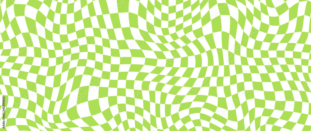 Poster Green distorted checkerboard background. Retro psychedelic checkered wallpaper. Wavy groovy chessboard surface. Trippy twisted geometric pattern. Abstract vector backdrop
