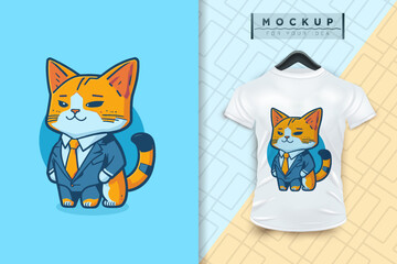 A cat wearing a uniform like an office worker and a businessman in flat cartoon character design, vector mascot animal nature icon concept isolated premium illustration for logo, sticker, t-shirt.