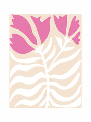 Abstract botanical art background vector. Natural hand drawn pattern design with pink flower, leaves, branch. Simple contemporary style illustrated Design for fabric, print, cover, banner, wallpaper.