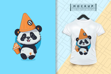 A panda wearing a cone hat is a flat cartoon character design, a vector mascot animal nature icon concept, and an isolated premium illustration for a logo, sticker, t-shirt