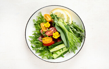 Spring vegetable salad. Tasty healthy food. top view