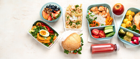 Restaurant healthy food delivery in take away boxes for daily nutrition on white background.