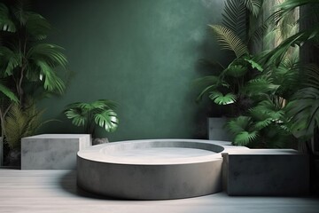 Stone podium with tropical leaf AI Generative
