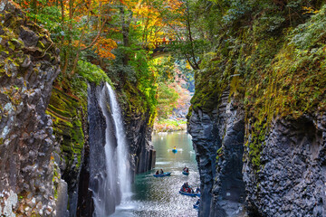 Miyazaki, Japan - Nov 24 2022: Takachiho Gorge is a narrow chasm cut through the rock by the Gokase...