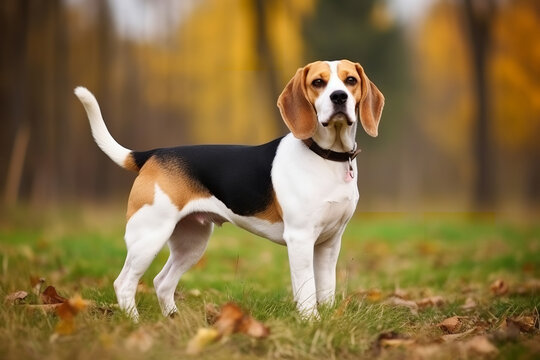 cute beagle looking at the camera in the park on the grass, pet photography
