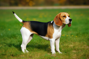 cute beagle in the park on the grass, pet photography