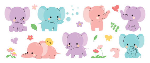 Set of cute elephants vector. Adorable wild life elephant in different poses, happy, sitting, rabbit, chick, flower. Happy wild animals illustration design for education, kids, poster, stickers.