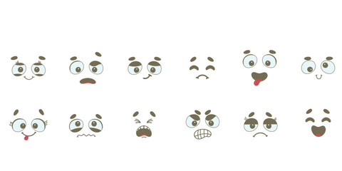 Cartoon faces. Expressive eyes and mouth, smiling, crying and surprised character face expressions. Caricature comic emotions or emoticon doodle. Isolated vector illustration icons set
