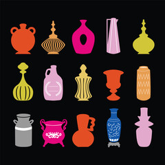Trendy colorful assorted simple and detail vases, containers, bowls, pots and jars abstract icons design elements set on black background