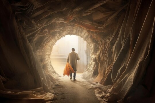 In the depths of darkness, a tired man in tattered clothes embarks on a journey towards a new beginning. Through a tunnel, he finds a glimmer of light, symbolizing hope Generative AI