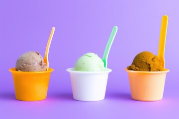 ice cream in a cup, ice creams of different flavors in paper cups on purple background