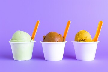 ice cream in glass, ice creams of different flavors in paper cups on purple background