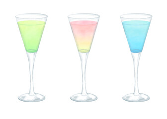 おしゃれなカクテルグラスのイラスト３点セット。水彩タッチのイラスト素材。