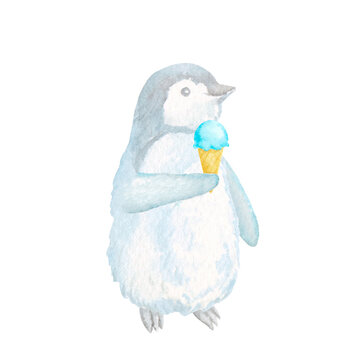ペンギンがアイスクリームを食べているかわいい水彩イラスト。