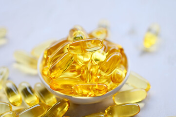 Fish oil capsules with omega 3 and vitamin D Cod liver oil omega 3 gel capsules, healthy diet...
