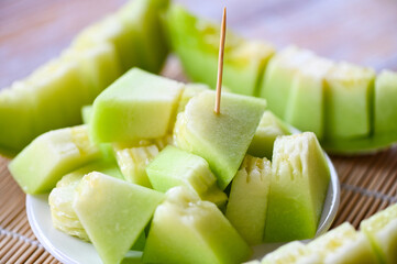 cantaloupe thai slice fruit for health green cantaloupe thailand, cantaloupe melon on wooden plate