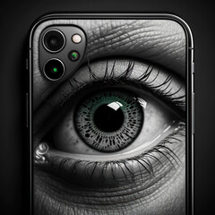 Ai generated illustration of big eye  in your smartphone, the concept of permanent global covert surveillance using mobile devices, security of computer systems and networks, privacy
