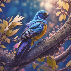 Digital illustration of colorful semi realistic bird. AI generated