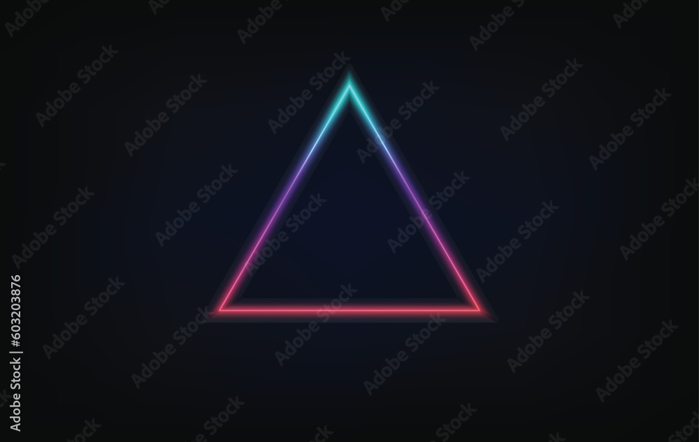 Poster glowing purple neon rounded triangle on dark background. illuminated geometric polygon frame. vector