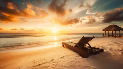 Relaxation by the Sea: Beach Lounger on Sandy Shoreline of the Ocean against the backdrop of sunset