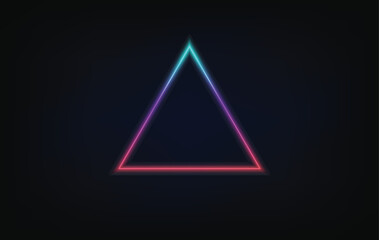 Glowing purple neon rounded triangle on dark background. Illuminated geometric polygon frame. Vector illustration..