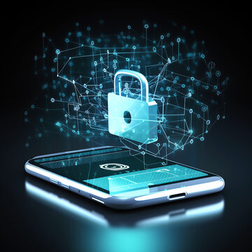 Ai generated illustration of mobile phone creative glowing digital padlock hologram on blurry dark background. Secure, safety and protection concept
