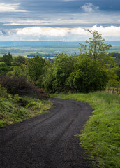 gravel road downhill with dramatic morning sky in burgenland