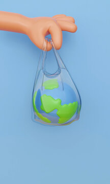 3d The earth is in a plastic bag that is held up by a human hands environmental concept. Global warming concept. save the planet. 3d rendering illustration.