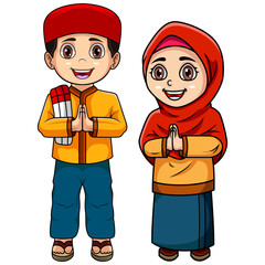 Illustration of Happy couple muslim kids cartoon