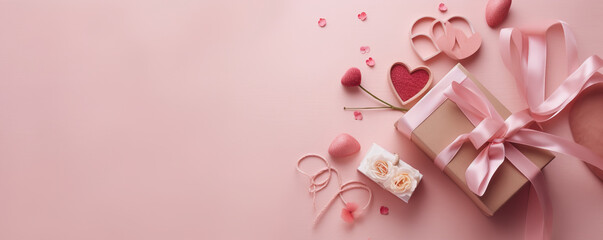 Gift boxes with ribbon with scattered decorative paper hearts, pink background with empty space, wedding, saint valentines day, mother day celebration concept