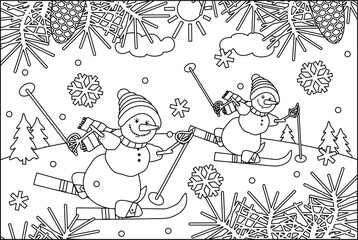 Coloring page. Winter sports. Snowmen skiing. Black and white printable.

