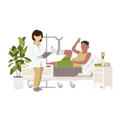 Doctor visiting a patient with a broken leg. Upset man with plaster on the ankle in hospital room flat vector illustration.