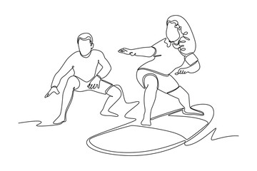 Single one line drawing learn to surf with trainer. Class it up concept. Continuous line draw design graphic vector illustration.