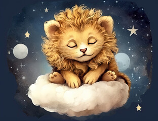 Obraz na płótnie Canvas Adorable baby lion nursery art, wall art, children's painting, sleeping, good night. Generative AI