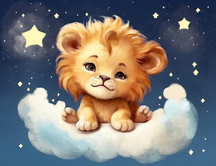 Obraz na płótnie Canvas Adorable baby lion nursery art, wall art, children's painting, sleeping, good night. Generative AI