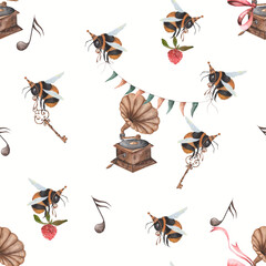 seamless watercolor pattern with bumblebees, keys, gramophone, musical notes, pink bows, clover flowers and festive garlands. retro pattern for cozy handmade fabrics. enjoy