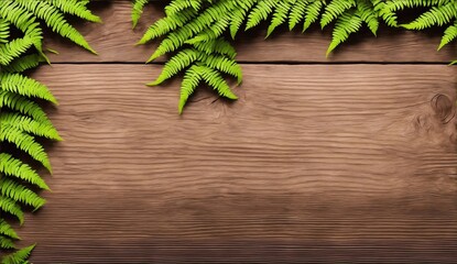 ferns on the side on dark wooden planks background from Generative AI