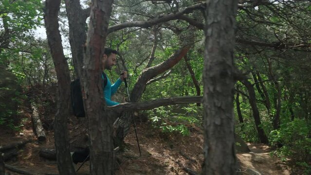 Active Male Hiker Walking on a Mountains Forest Trail Passing Pine Tree Trunks, camera tracking - dolly side to follow the movement