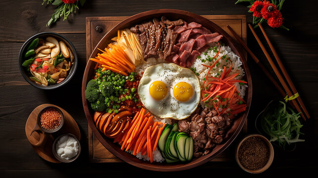 Generative AI image of Bibimbap literally means mixed rice in Korean. Served as a bowl of rice topped with sauteed vegetables and chili pepper paste. Added with egg and slice meat.