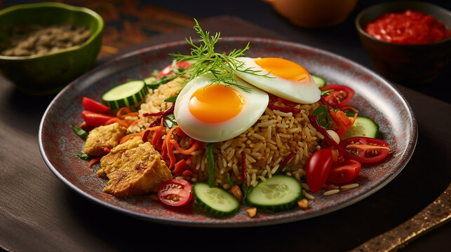 Generative AI image of Nasi Goreng Kampung, literally means village fried rice is a dish from Malaysia, traditionally using the rice leftover fried with lots of ingredients