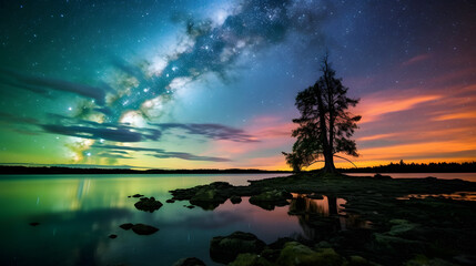 aurora sky sunset over the lake