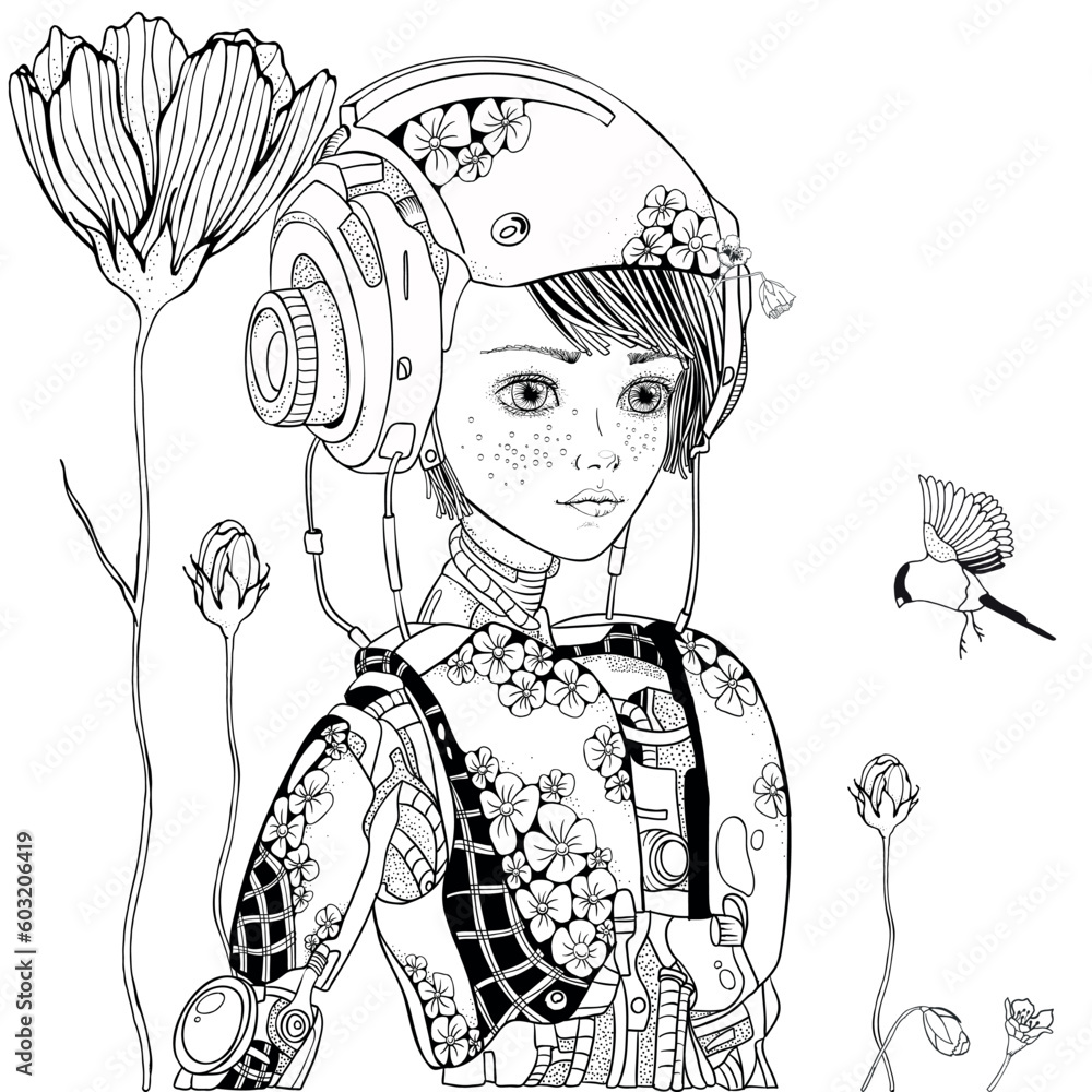 Wall mural a teenage robot girl looks at flowers and a bird. zentangle style. black and white doodle coloring b