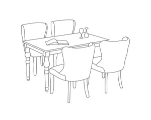 Line art of modern chairs with table dining set interior with white background, hand drawing
