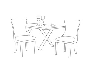 Line art of Wooden chairs with table dining set in modern interior with white background, hand drawing