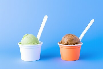 ice creams of different flavors in paper cups on light blue background